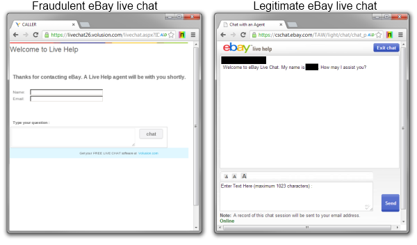 An example fraudulent live chat impersonating eBay (left) and the legitimate version (right); both have valid SSL certificates