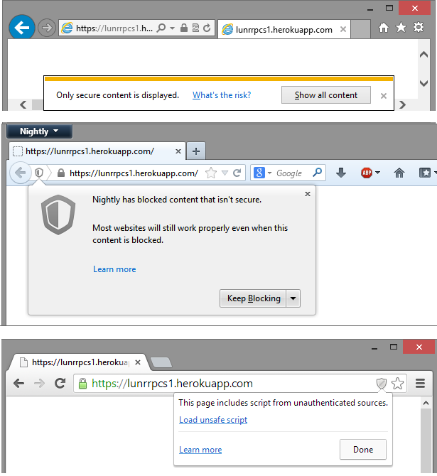 Mixed Active Content Blocking in IE10, Pre-release Firefox Nightly, Pre-release Chromium