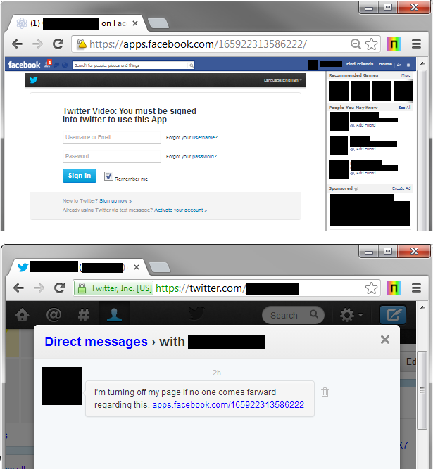 Twitter phishing via Facebook Apps and Twitter Direct messages