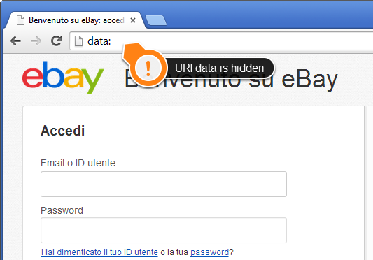 eBay phishing site using a data: URI
