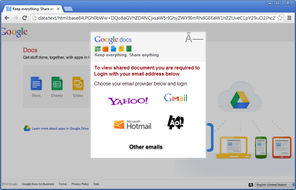 Google Docs phishing site using data: URI