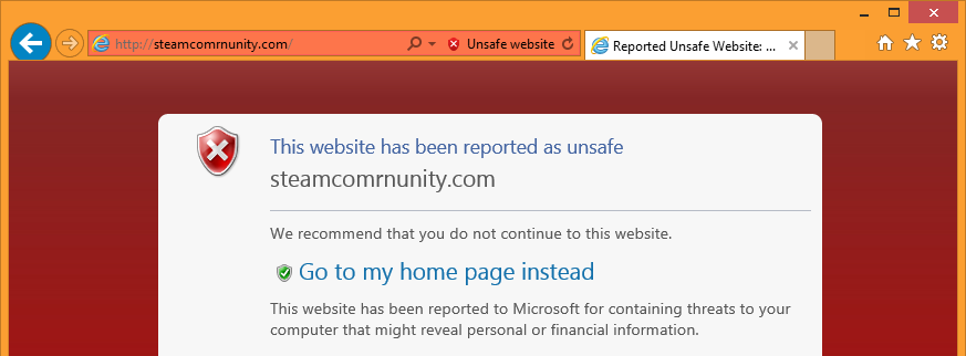 The "steamcomrnunity.com" phishing site is blocked natively within Internet Explorer. The domain in the address bar is also displayed more clearly, allowing sharp-eyed users to identify it as fake.