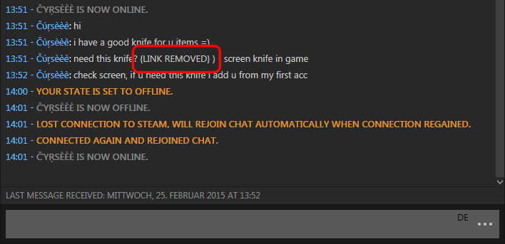 A malicious link removed from a Steam chat message (highlighted).