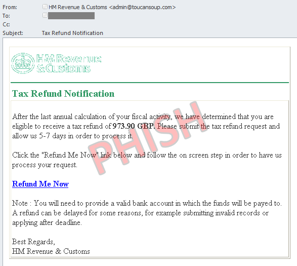 The text within this HMRC phishing email is actually represented by a PNG image, which is loaded directly from the M86 Security Labs website.