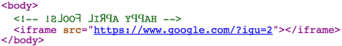 com.google uses an iframe to display a backwards search page from google.com. Also not the reversed text in the HTML comment, revealing that it is an April Fool's day joke.