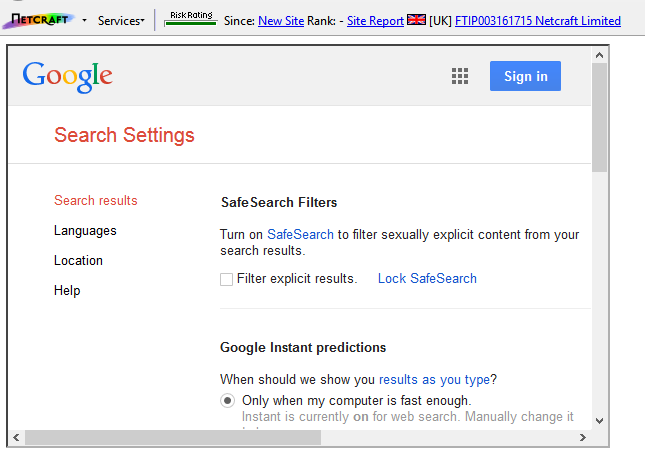 Google's Search Settings being successfully displayed within an iframe on a Netcraft domain