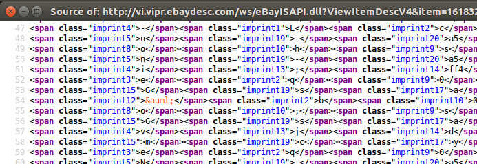 The obfuscated HTML source used by the phishing content hosted by eBay.
