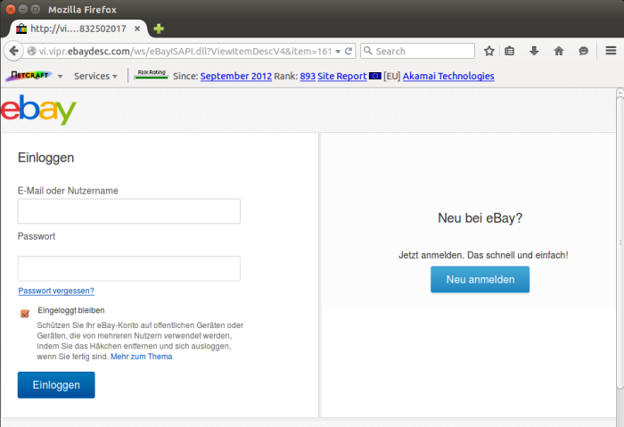 An eBay phishing form hosted on eBay's own infrastructure. The form contents are submitted to an external domain in Russia.