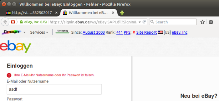 After the victim's credentials are stolen, he is redirected to the real eBay login page. Note that the username field has been automatically populated with the username stolen by the fraudster.