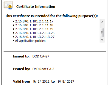 The DOD CA-27 intermediate certificate that was used to issue the subscriber certificate for cec.navfac.navy.mil is valid until September 2017 and has a SHA-1 signature.