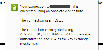 Obsolete TLS 1.0 connection used by a military remote access service.
