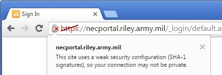 Chrome regards the certificate as affirmatively insecure, even when the appropriate DoD root certificates are installed.