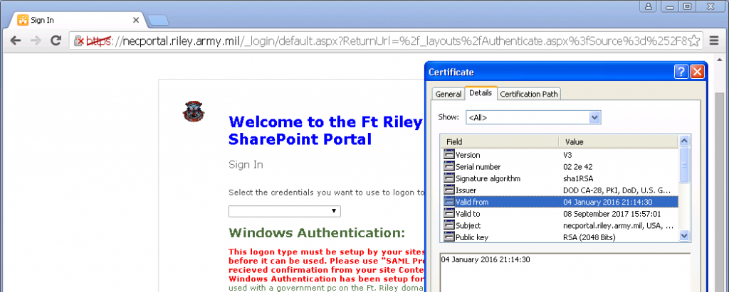 The US DoD issued a SHA-1 signed certificate to necportal.riley.army.mil on 4 January 2016