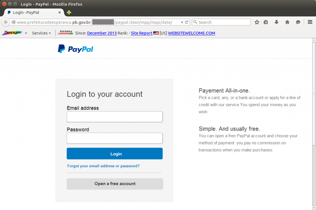 The PayPal phishing site, which also tried to deliver malware to its victims.
