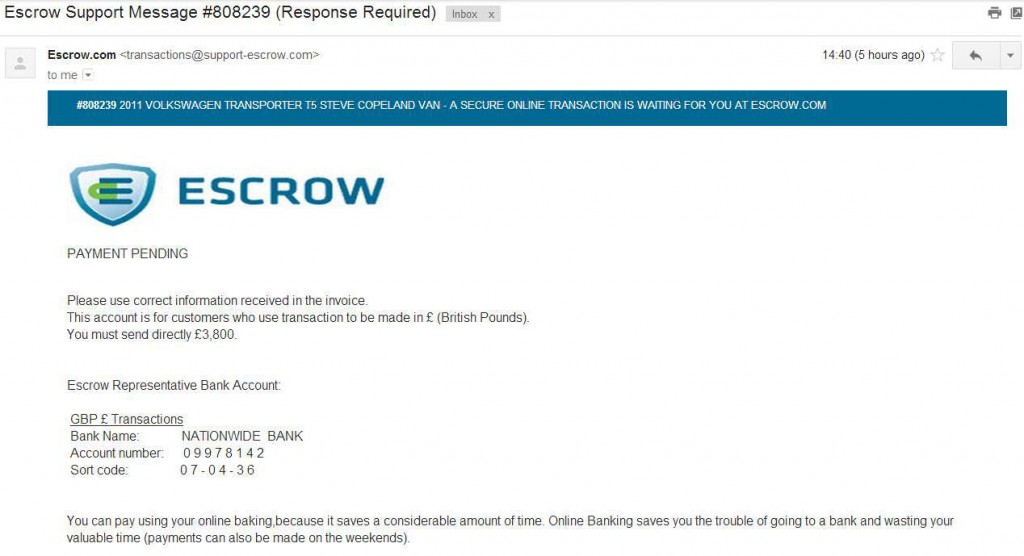 A fake escrow email from a fraudulent car seller. This one purportedly related to the sale of a Volkswagen T5 Transporter.