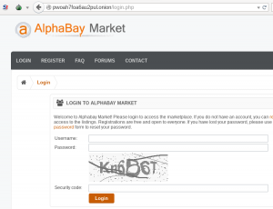 The genuine AlphaBay Market login form, accessed via its .onion address on a Tor-enabled browser.