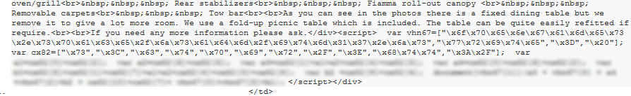 The malicious script appended to the description of the motorhome. Some of this has been blurred to prevent copycat attacks until eBay properly fixes the vulnerability.