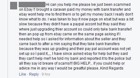 A plea for help: This fraud victim claims to have been scammed on eBay after sending a bank transfer to pay for a caravan.