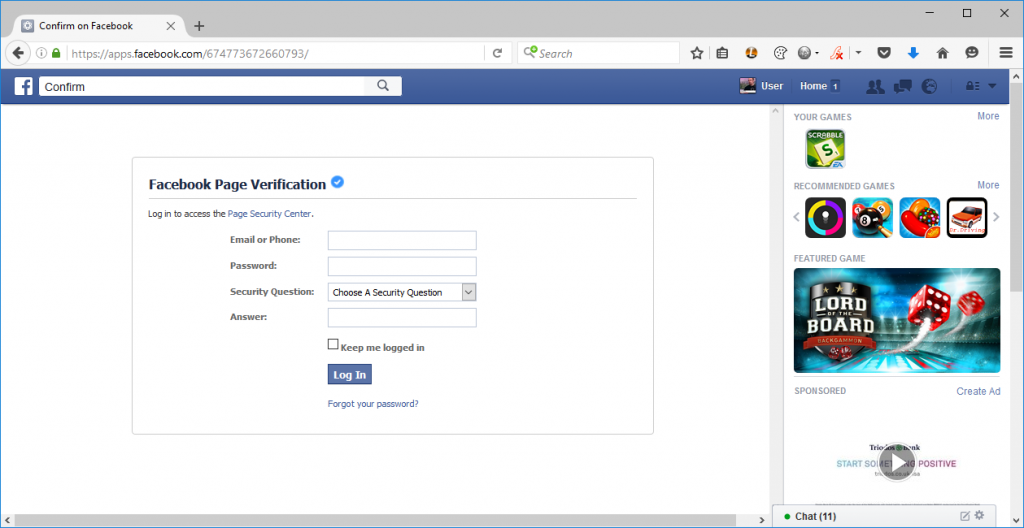A phishing site displayed on the real Facebook website.