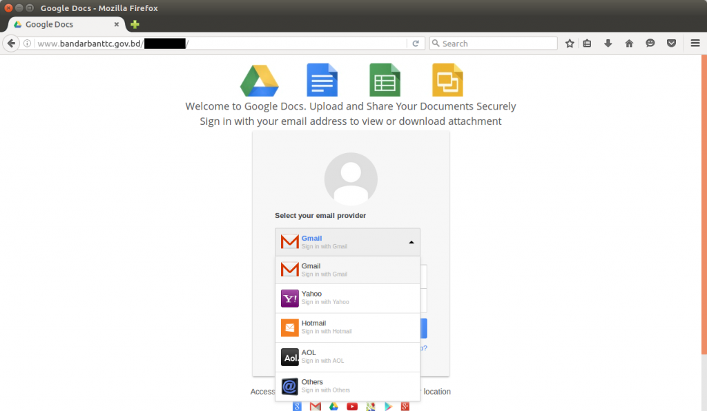 One of the phishing sites currently using a .gov.bd domain is hosted on a website belonging to the Bandarban Technical Training Center in Bangladesh. This site imitates Google Docs in an attempt to steal victims' email credentials, whichever mail providers they use.