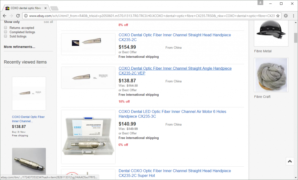 A compromised listing for a dental tool from a Chinese seller as it appeared in eBay search results.