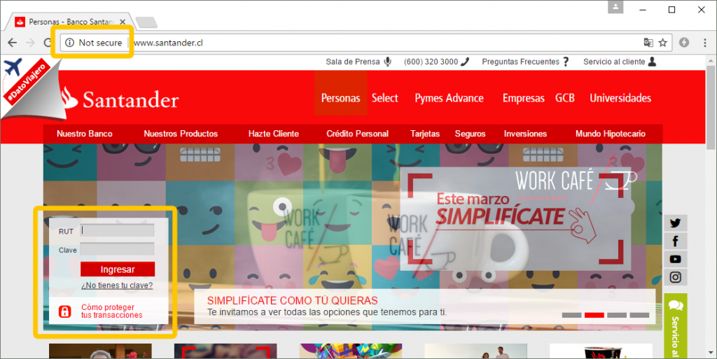 Santander's Chilean website serves a login form over HTTP.
