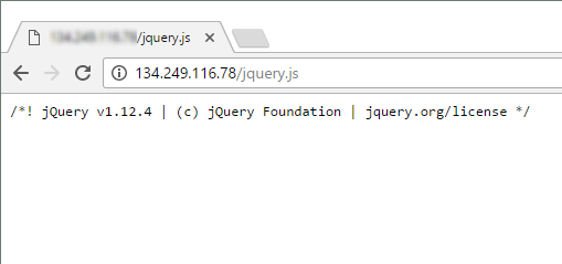 The externally hosted malicious script pretends to be an innocuous jQuery file; but scrolling down reveals its true content, which is obfuscated.