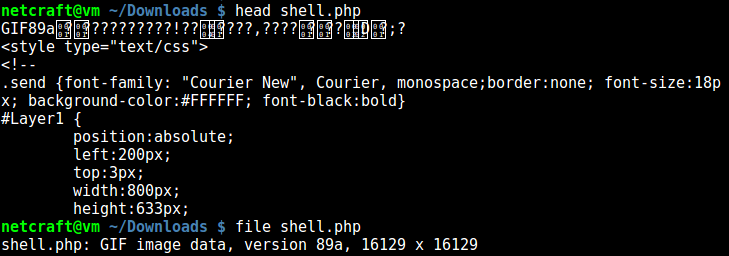 An excerpt of web shell source code prefixed with a GIF image file header