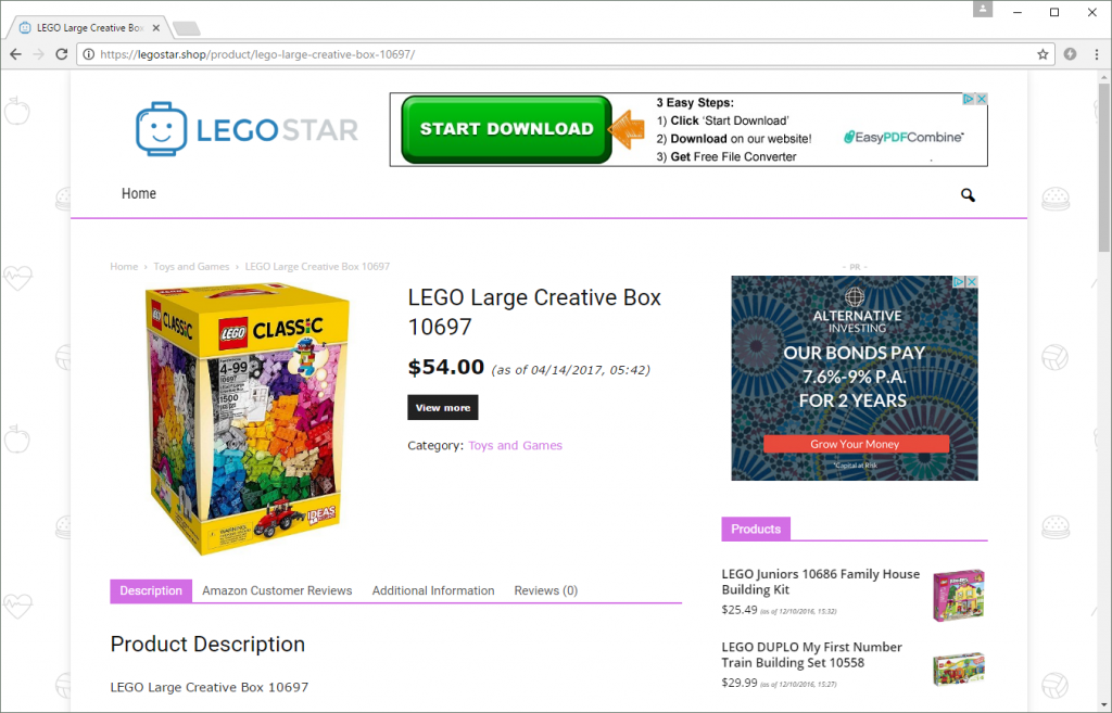 legostar.shop is a clear infringement of LEGO's rights. It monetises its content through advertising banners and Amazon affiliate links to LEGO products.