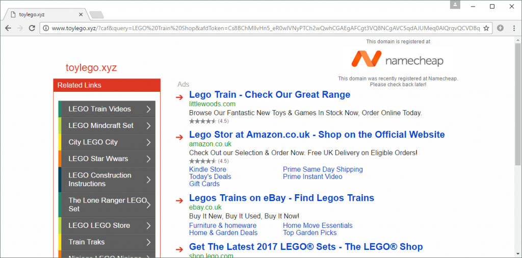 toylego.xyz was registered anonymously by a domain squatter last year. It currently shows a monetized domain holding page that has sponsored listings for LEGO-related keywords.