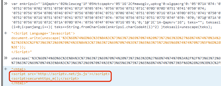 The de-obfuscated JavaScript shows how it attempts to load an externally hosted script.