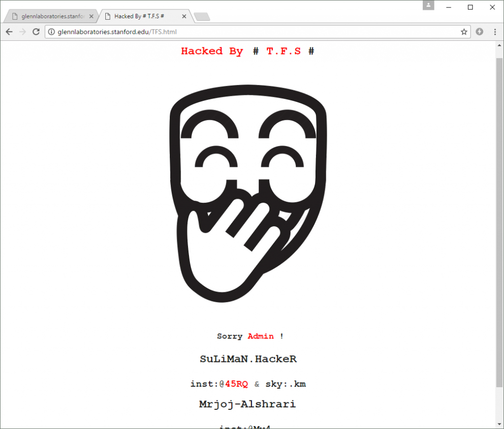Another defacement page uploaded to the Stanford University site by a different hacker.