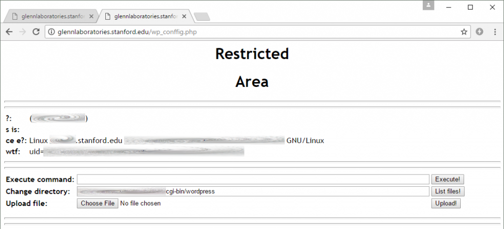 This rudimentary PHP shell was installed in January and is still on the server at the time of writing. It allows attackers to upload files and execute arbitrary commands on the Stanford web server. No authentication is required, so literally anybody can use this page.