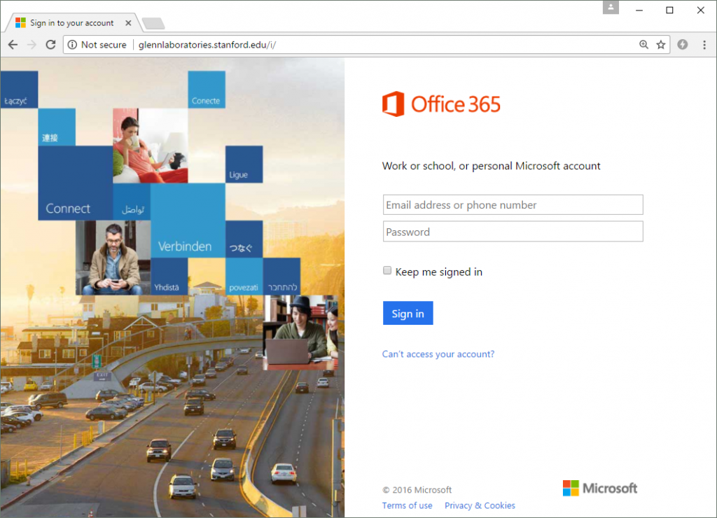 The Office 365 phishing site. It simply steals a victim's credentials before redirecting them to the real Office365 login page at login.microsoftonline.com.