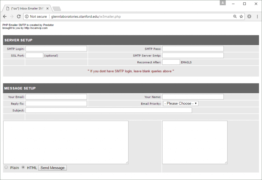 The PHP Emailer SMTP script by Predator. This can be used to send phishing emails from the compromised Stanford University web server.