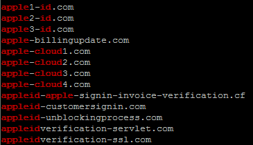 A handful of the domains used by Apple phishing attacks last month.