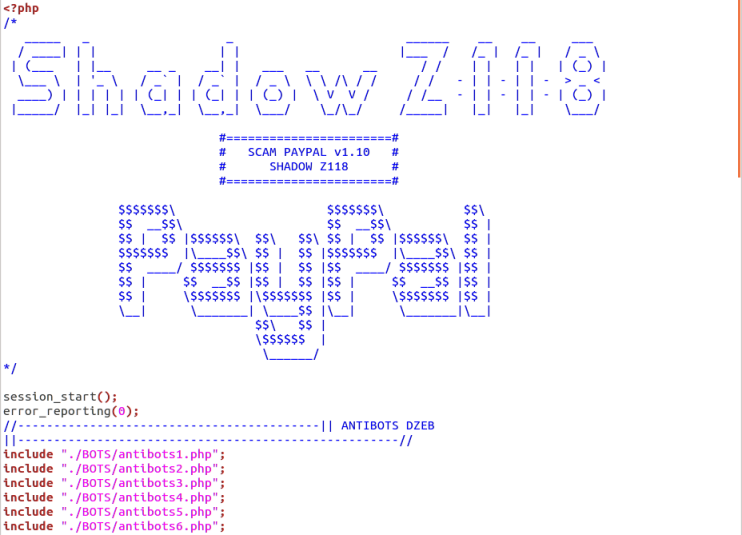 The PayPal phishing site makes use of a ready-made phishing kit provided by SHADOW Z118. It includes several comprehensive "antibots" PHP scripts to avoid detection by search engines and enforcement agencies.