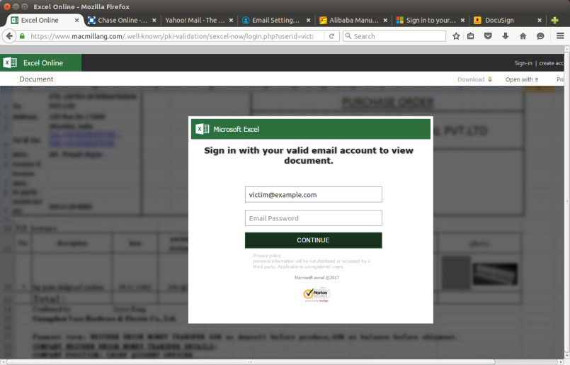 A Microsoft Excel Online phishing site hosted in the /.well-known/ directory on a compromised web server. The phishing site piggybacks on the trust instilled by the compromised site's existing SSL certificate, which has not been revoked.