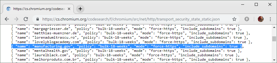 manufacturing.gov appears in Chromium's HSTS preload list, which ensures that the website's strict transport policy will always be enforced, even when a browser has never visited the site before.