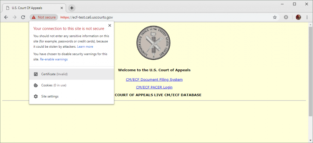 The DigiCert certificate used by this U.S. Court of Appeals website expired on 5 January 2019 and has not yet been renewed. The site provides links to a document filing system and PACER (Public Access to Court Electronic Records).