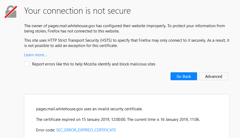 White House security warnings in Mozilla Firefox.