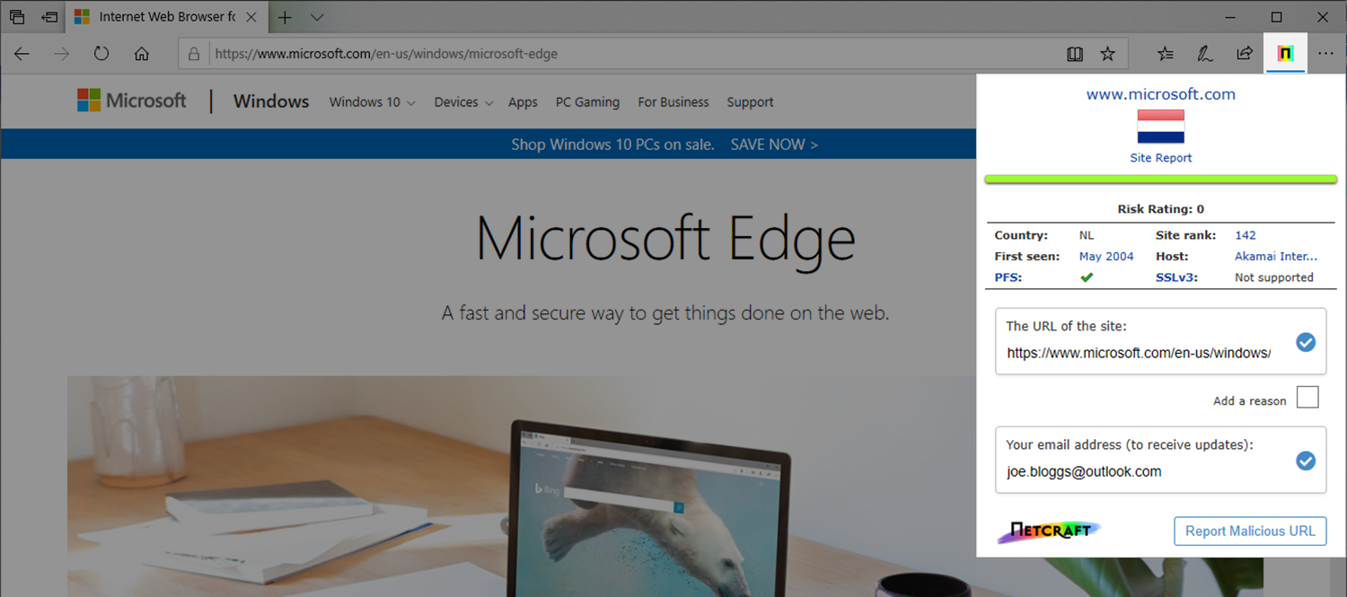 Netcraft anti-phishing extension on Microsoft Edge.
