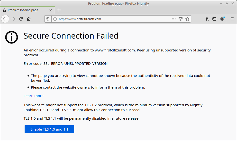 Firefox Nightly fails to securely connect to a TLS 1.0-only website
