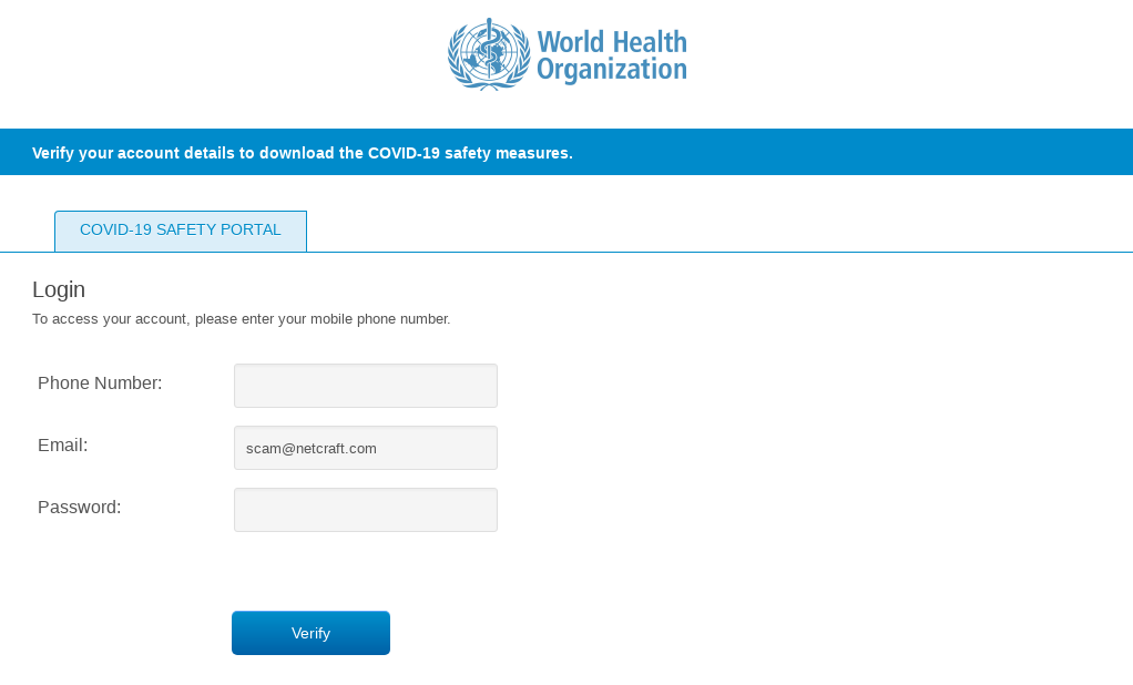Coronavirus phishing attack impersonating the World Health Organisation