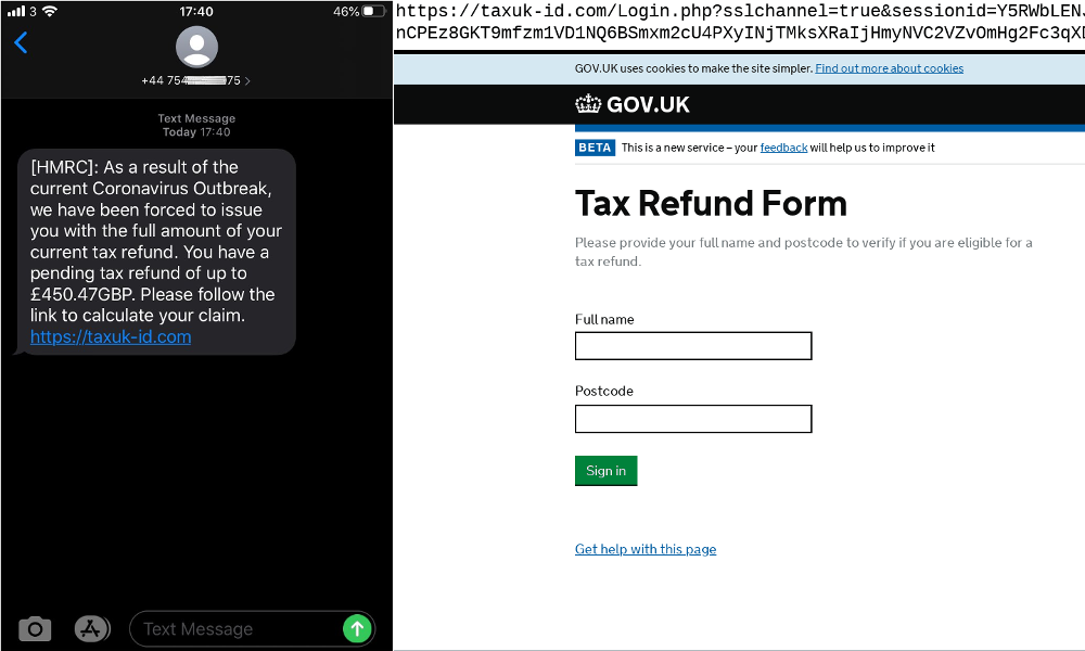 Coronavirus-themed SMiShing lure directing visitors to a standard HMRC tax refund phish