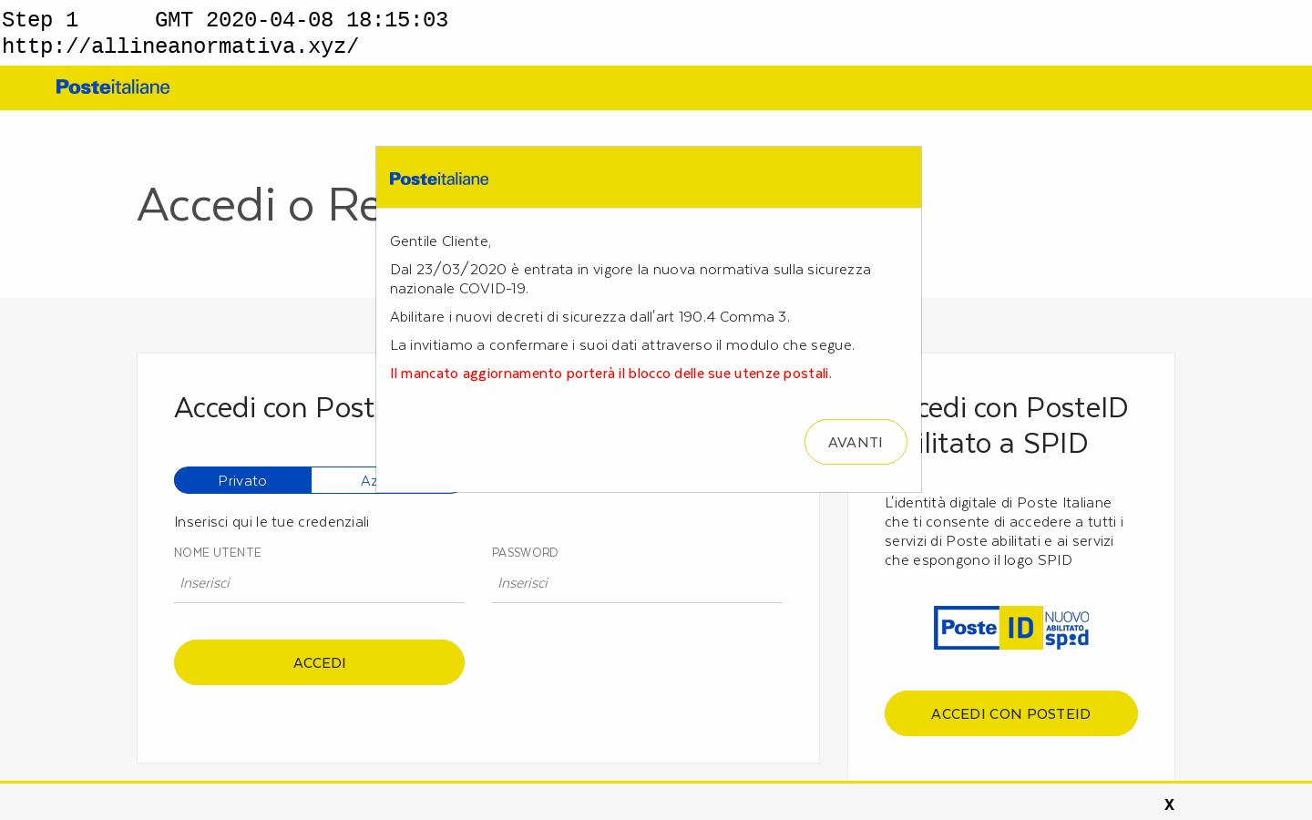 Poste Italiane phishing site with in-page COVID-19 lure