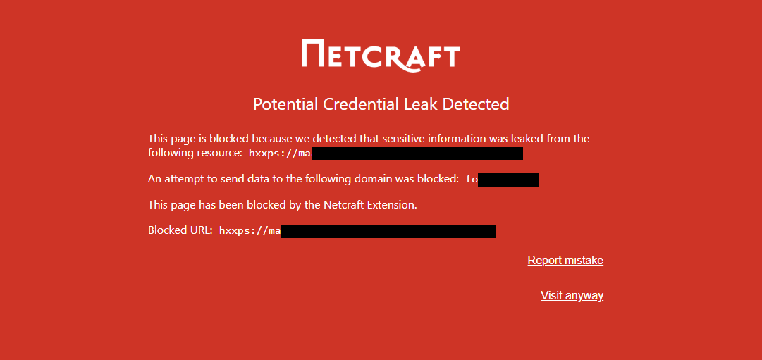 Screenshot of the block screen shown by the Netcraft Extension when a credential leak is detected