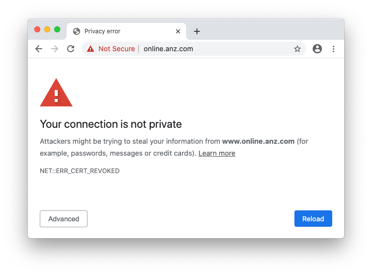 Chrome's unbypassable revoked certificate interstitial on online.anz.com